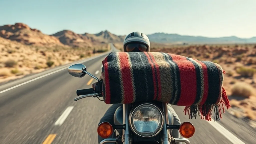 Real-world setting and styling use for The Biker’s Guide to Mexican Blanket Rolls on Motorcycles